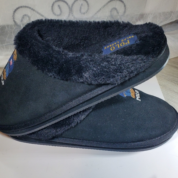 POLO Ralph Lauren Womens Black  Suede Leather American Flag Bear Slippers SZ 9.5 - Picture 5 of 11